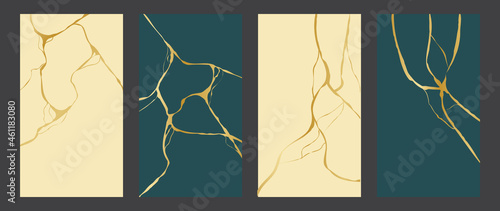 Kintsugi broken ceramic repair, vector set  vertical with gold cracks design background