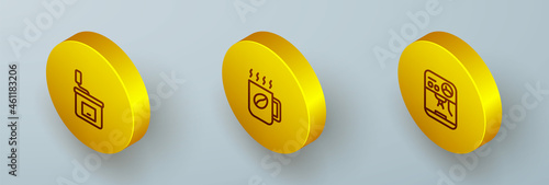 Set Isometric line Manual coffee grinder, Coffee cup and machine icon. Vector
