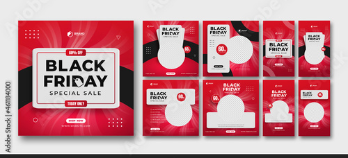 Set of Instagram feed and stories bundle for black Friday sale with black and red color, Social Media Post for Product Sale Promotion
