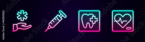 Set line Cross hospital medical, Syringe, Dental clinic location and Heart rate. Glowing neon icon. Vector