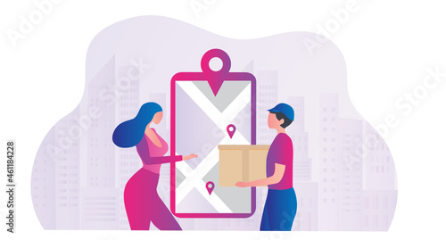 Delivery business, delivery man deliver goods box to customer for ordering online vector illustration