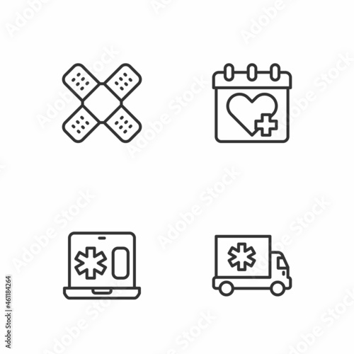 Set line Ambulance car, Clinical record on laptop, Crossed bandage plaster and Doctor appointment icon. Vector
