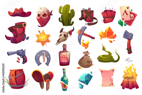 Set of wild west icons cowboy hat and boots, sheriff star, gun, dynamite and axe, skull in mask, snake, tequila and diamond, cactus, horseshoe, saddle and sack with gold, Cartoon vector illustration