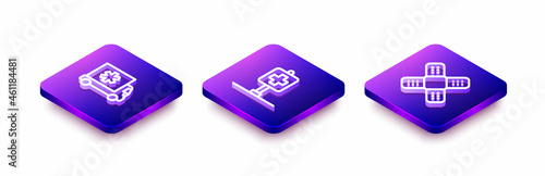 Set Isometric line Ambulance car, Location hospital and Crossed bandage plaster icon. Vector
