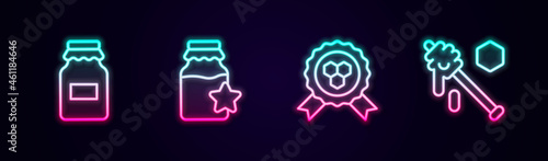 Set line Jar of honey, Honey award and dipper stick. Glowing neon icon. Vector