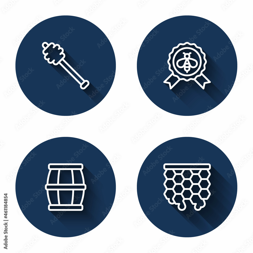 Set line Honey dipper stick, Best bee, Wooden barrel with honey and Honeycomb with long shadow. Blue circle button. Vector Set line Honey dipper stick, Best bee, Wooden barrel with honey and Honeycomb with long shadow. Blue circle button. Vector