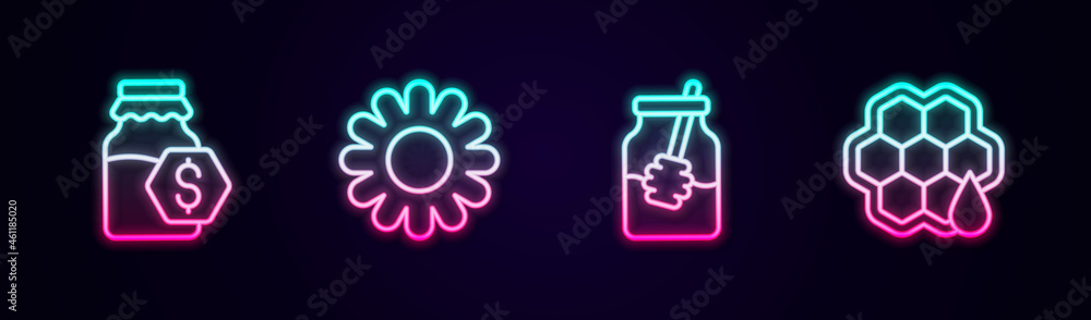 Set line Sale in jar of honey, Flower, Jar and dipper stick and Honeycomb. Glowing neon icon. Vector