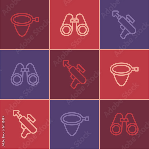 Set line Fishing net, harpoon and Binoculars icon. Vector