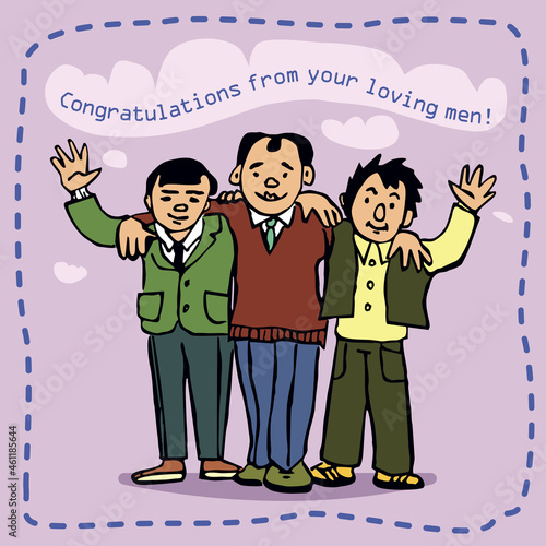 Three men congratulate a loved one