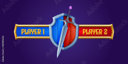 Battle scoreboard for rpg game, medieval or magic sword and wooden shield separated on blue and red parts. Versus, fight interface for player one vs player two, gamer competition Vector illustration