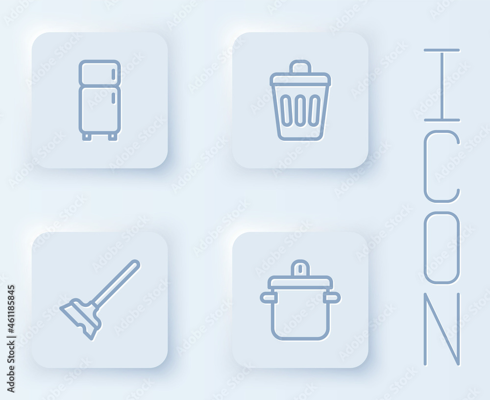 Set line Refrigerator, Trash can, Mop and Cooking pot. White square button. Vector Set line Refrigerator, Trash can, Mop and Cooking pot. White square button. Vector