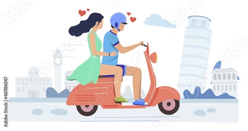 Happy couple in love riding motor scooter, vector illustration. Summer holidays, romantic vacation.