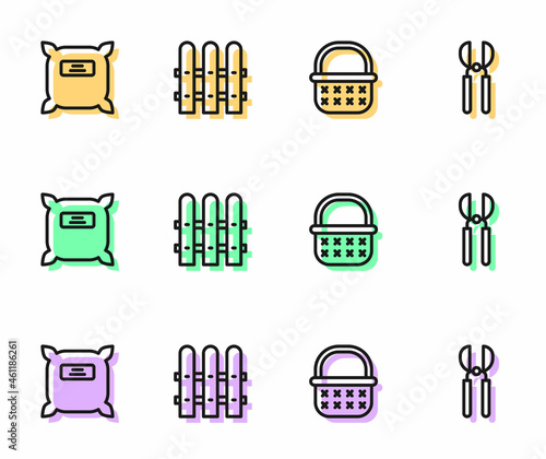 Set line Wicker basket, Pack full of seeds, Garden fence wooden and Gardening scissors icon. Vector