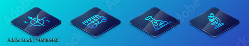 Set Isometric line Test tube, Trigonometric circle, Microscope and School Bus icon. Vector