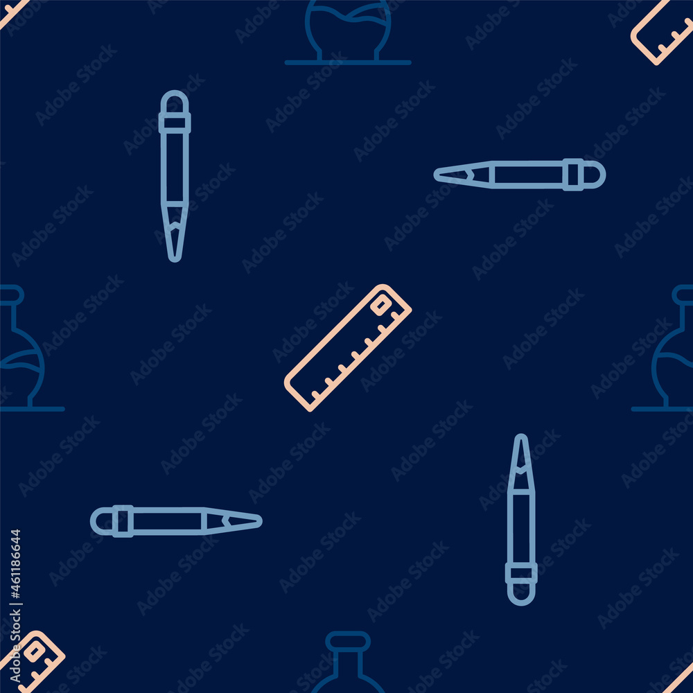 Set line Test tube, Pencil with eraser and Ruler on seamless pattern. Vector Set line Test tube, Pencil with eraser and Ruler on seamless pattern. Vector