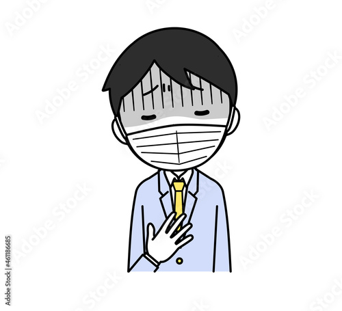 マスクを着けた体調が悪いスーツの男性 胸に手をあてる