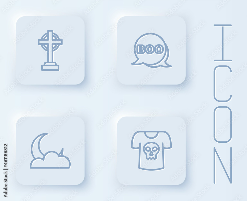 Set line Tombstone with cross, Boo speech bubble, Moon and stars and Shirt skull. White square button. Vector Set line Tombstone with cross, Boo speech bubble, Moon and stars and Shirt skull. White square button. Vector