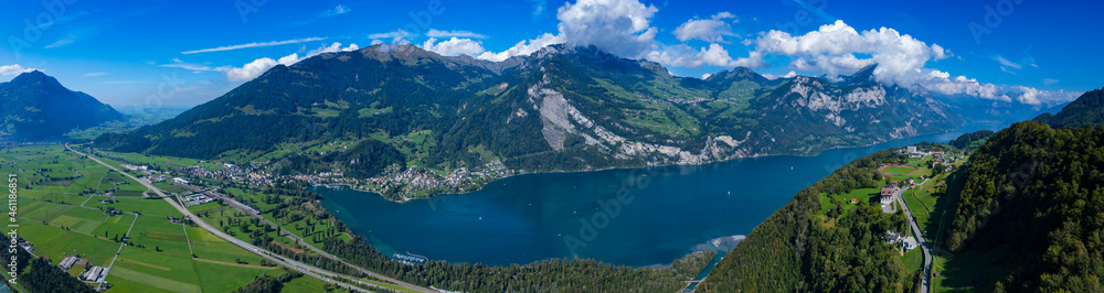 Aerial view of the city Weesen in Switzerland on a sunny day in summer. 
