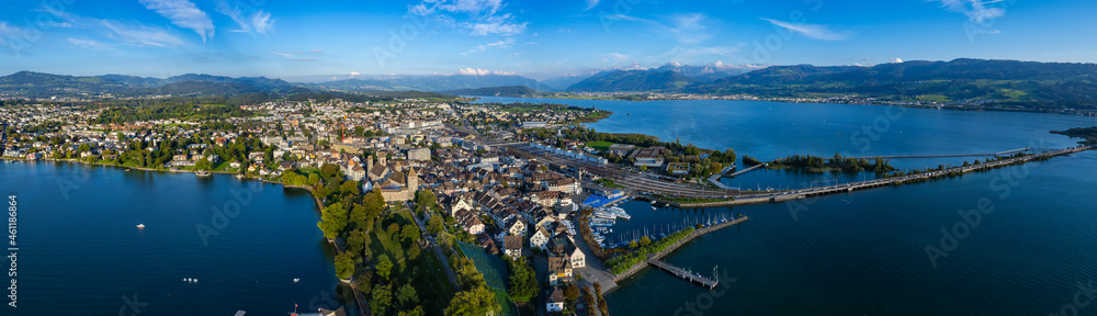 Aerial view of the city Rapperswil-Jona in Switzerland on a sunny afternoon.
