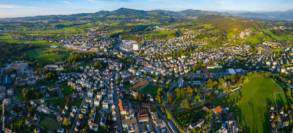 Aerial view of the city Rüti in Switzerland on a sunny late afternoon.