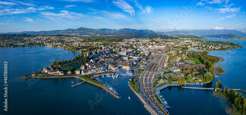 Aerial view of the city Rapperswil-Jona in Switzerland on a sunny afternoon. 