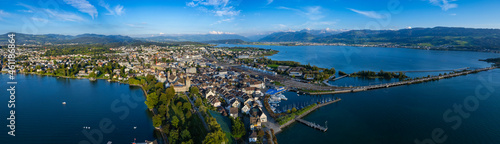 Aerial view of the city Rapperswil-Jona in Switzerland on a sunny afternoon.
