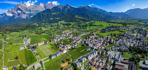 Aerial view of the city Maienfeld in Switzerland on a sunny day in summer. photo