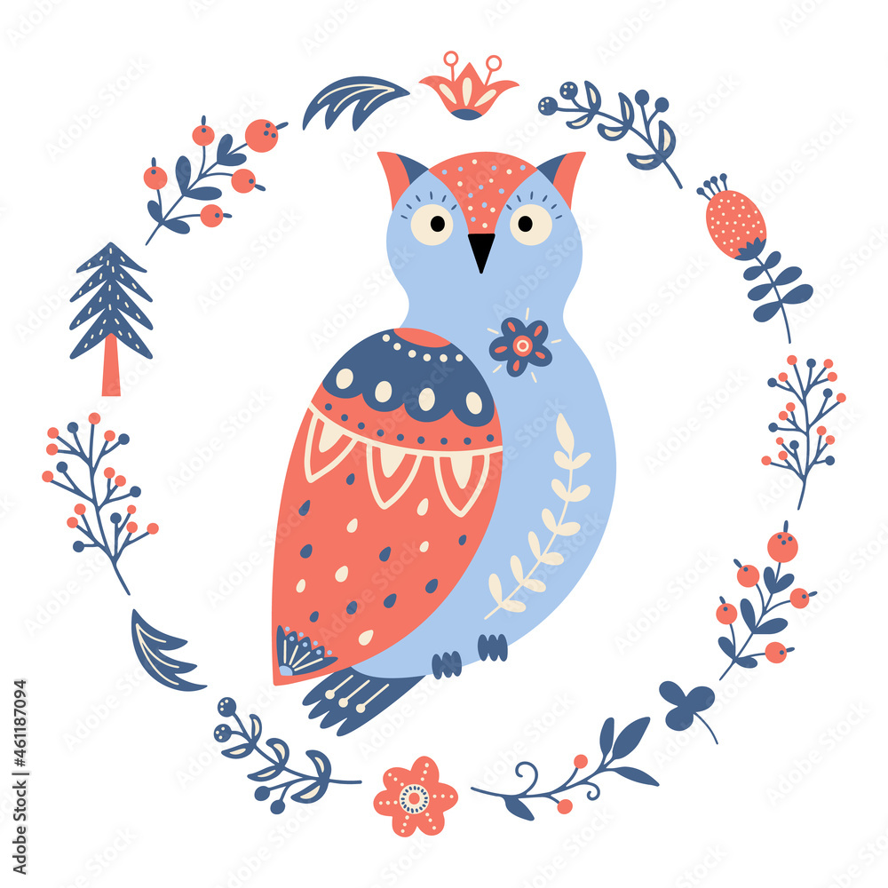 Vector owl bird scandinavian style Folk forest animal Vector owl bird scandinavian style Folk forest animal