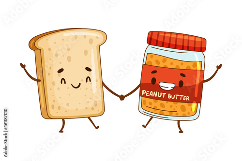 Sandwich and peanut butter characters holding by hands. Perfect couple, friends forever cartoon vector illustration