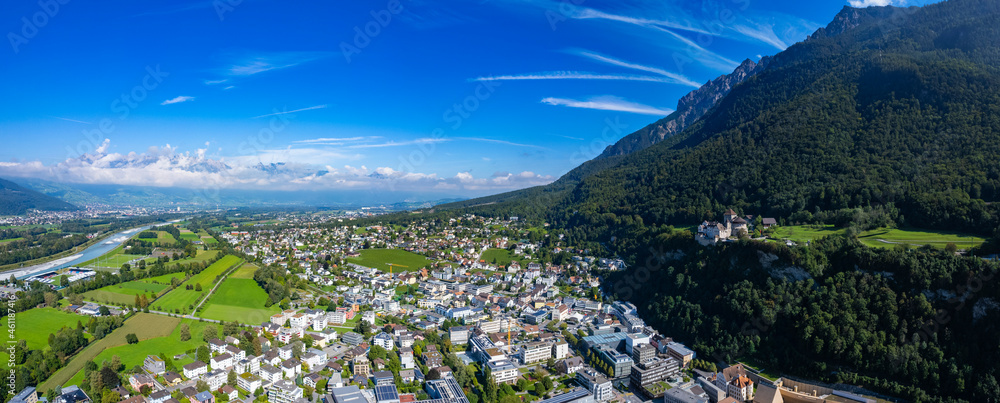 Obraz na płótnie Aerial view of the city Vaduz in Liechtenstein on a sunny day in summer.	 w salonie