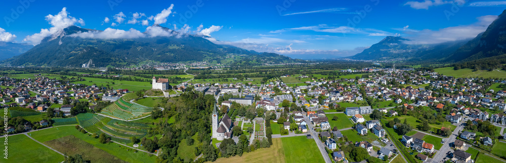 Aerial view of the village Balzers in Liechtenstein on a sunny day in summer.	