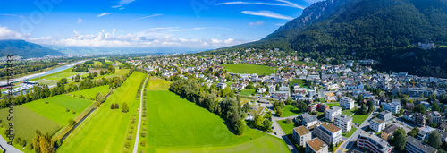 Aerial view of the city Vaduz in Liechtenstein on a sunny day in summer. 