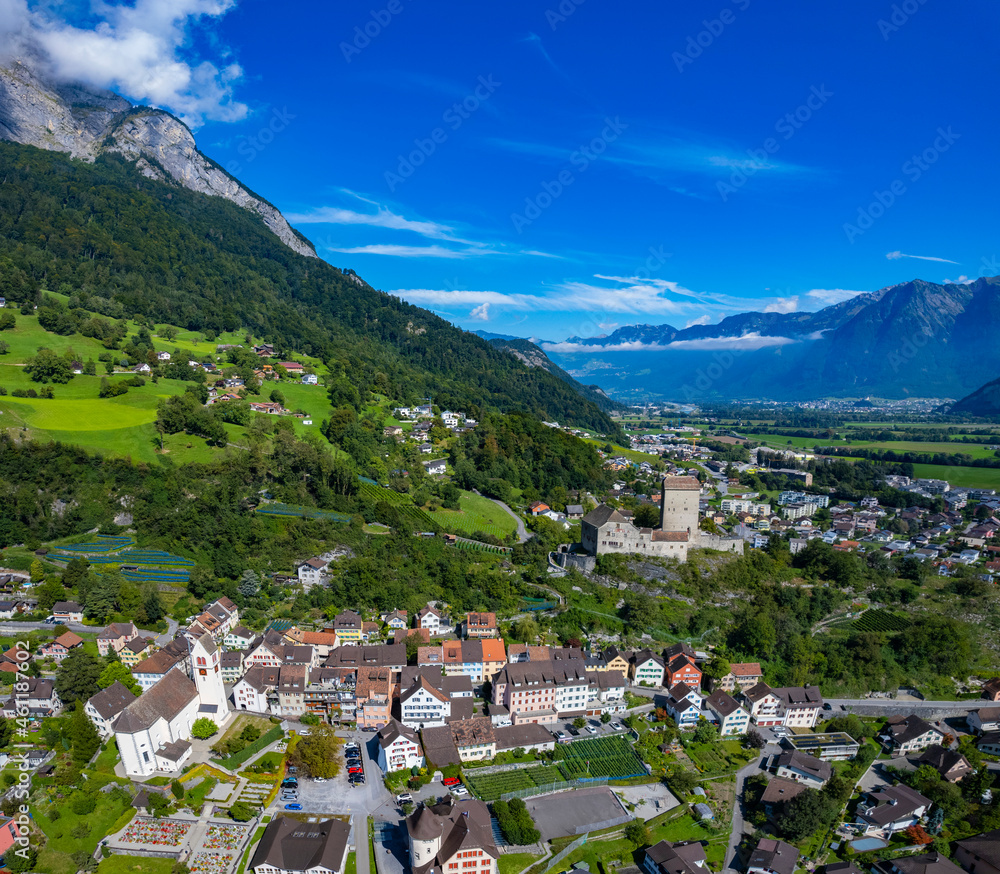 Aerial view around the old town of the city Mels in Switzerland on a sunny day in summer.	