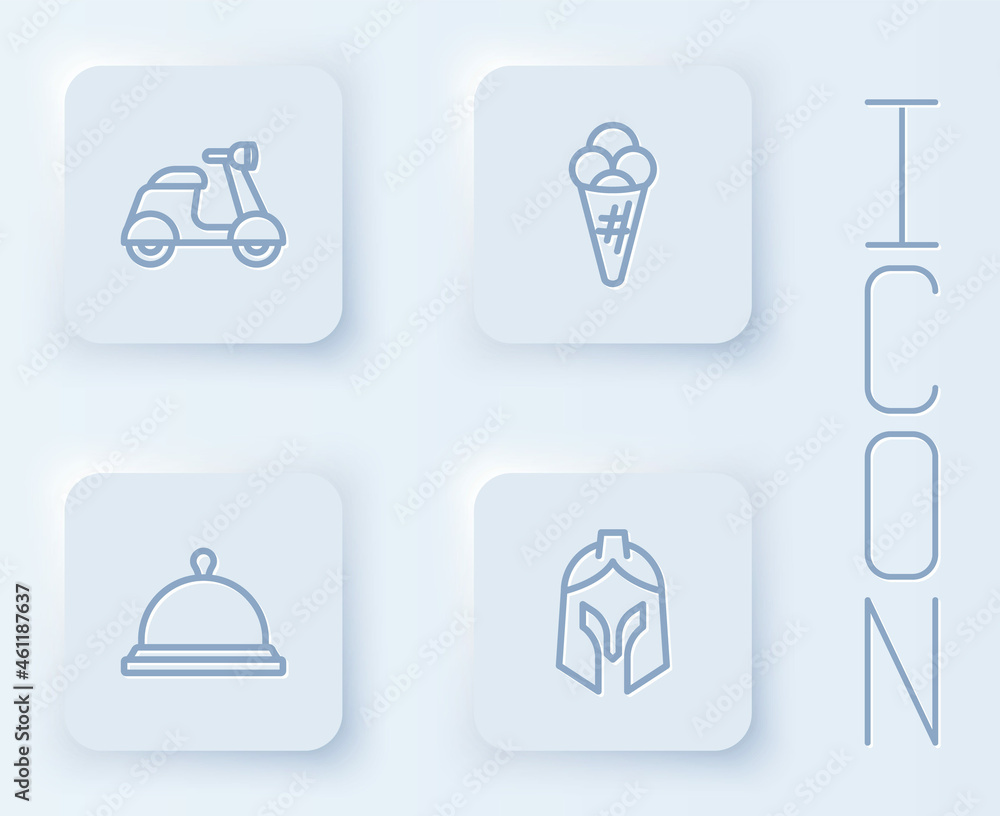 Set line Scooter, Ice cream in waffle, Covered with tray of food and Roman army helmet. White square button. Vector Set line Scooter, Ice cream in waffle, Covered with tray of food and Roman army helmet. White square button. Vector
