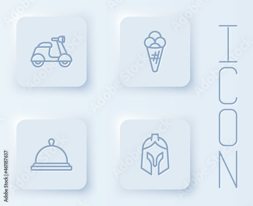 Set line Scooter  Ice cream in waffle  Covered with tray of food and Roman army helmet. White square button. Vector