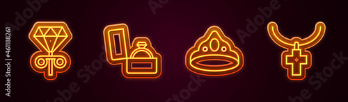Set line Stud earrings, Diamond engagement box, King crown and Christian cross chain. Glowing neon icon. Vector