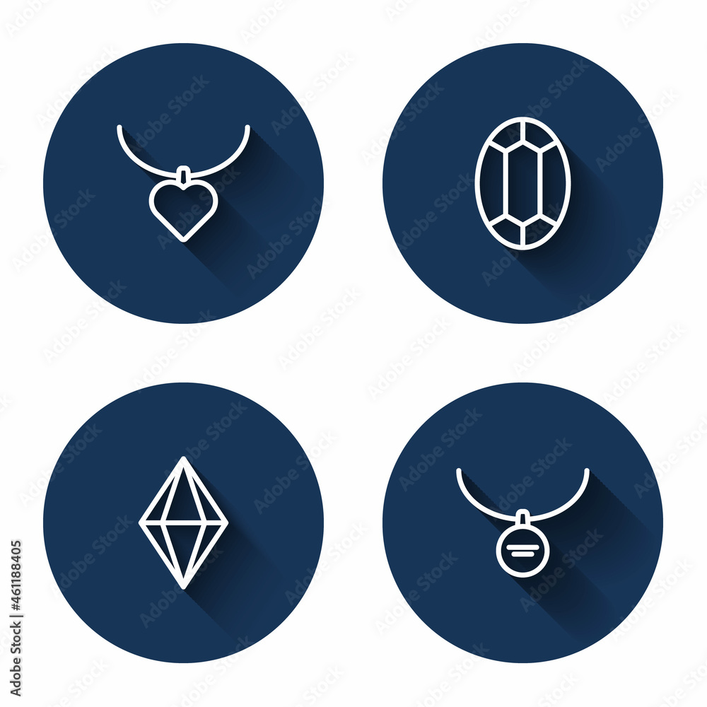 Set line Necklace with heart shaped, Gem stone, and Locket necklace with long shadow. Blue circle button. Vector Set line Necklace with heart shaped, Gem stone, and Locket necklace with long shadow. Blue circle button. Vector