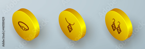 Set Isometric line Bracelet jewelry, Pendant on necklace and Earrings icon. Vector