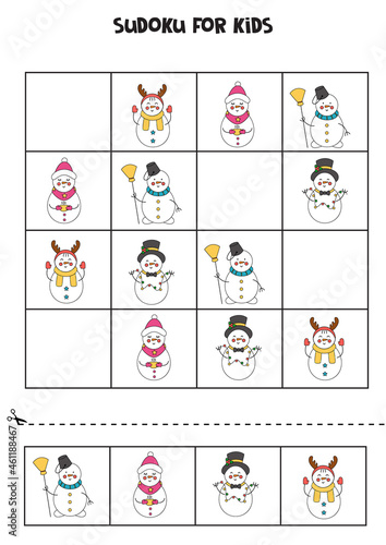 Sudoku game for kids with cute cartoon snowmen.