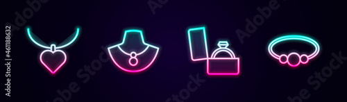 Set line Necklace with heart shaped, on mannequin, Diamond engagement ring box and Bracelet jewelry. Glowing neon icon. Vector