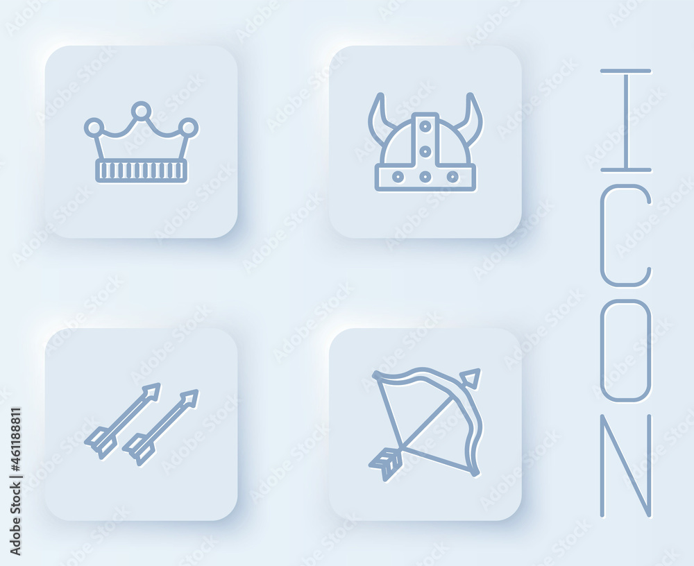 Set line King crown, Viking horned helmet, Medieval arrows and bow and. White square button. Vector Set line King crown, Viking horned helmet, Medieval arrows and bow and. White square button. Vector