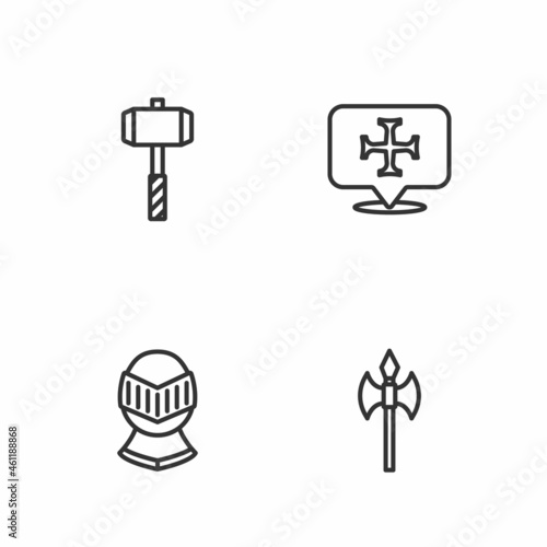 Set line Medieval axe, helmet, Battle hammer and Crusade icon. Vector