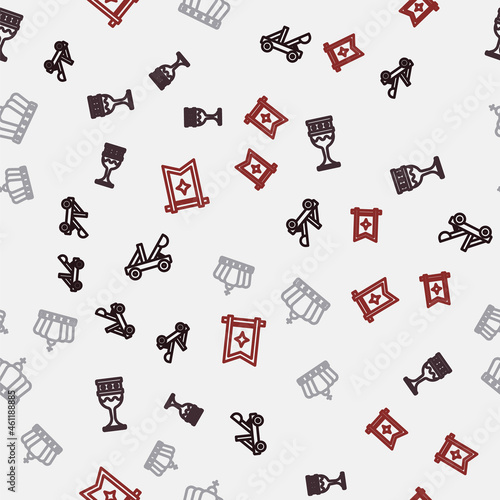 Set line Medieval catapult, goblet, King crown and flag on seamless pattern. Vector