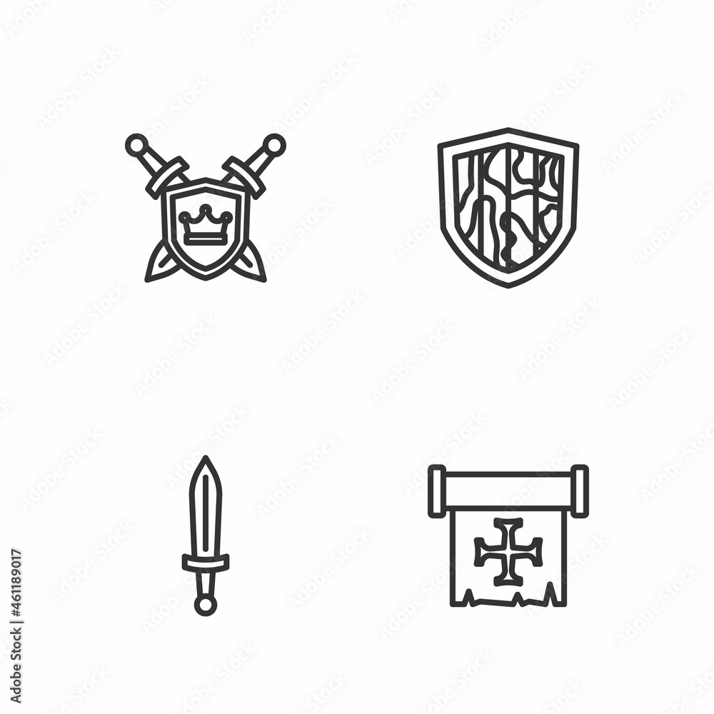 Set line Crusade, Medieval sword, Shield with swords and icon. Vector Set line Crusade, Medieval sword, Shield with swords and icon. Vector