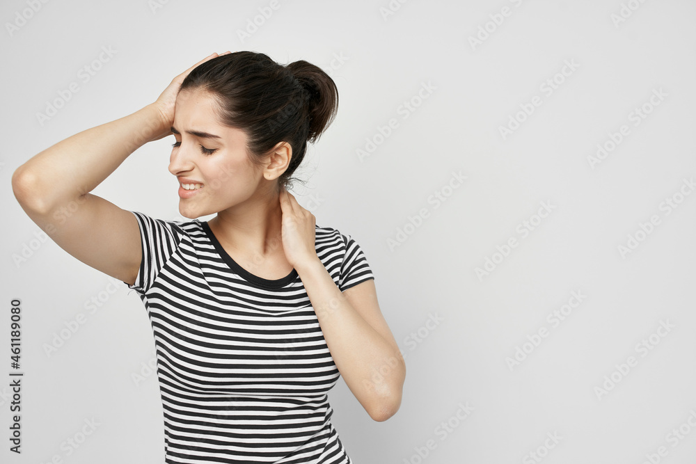 woman holding his head migraine depression isolated background woman holding his head migraine depression isolated background