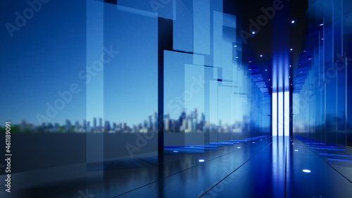 Company background, blue glass panels along the extended corridor, 3D illustration 