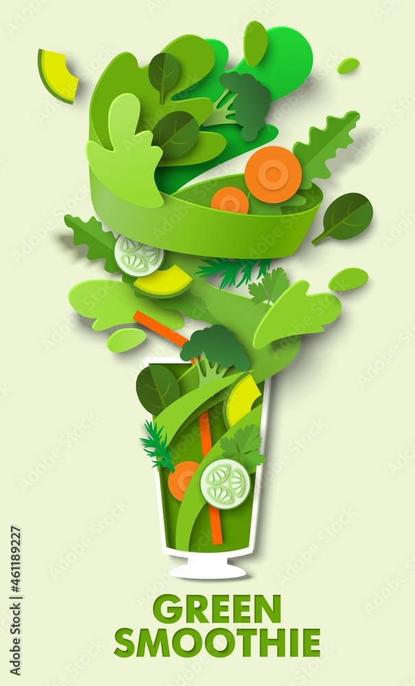 Glass of delicious green vegetable smoothie, vector paper cut illustration. Healthy drink. Food rich in vitamins. - obrazy, fototapety, plakaty 