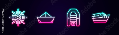Set line Ship steering wheel, Folded paper boat, Inflatable with motor and Speedboat. Glowing neon icon. Vector