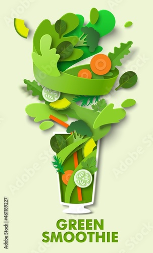 Glass of delicious green vegetable smoothie, vector paper cut illustration. Healthy drink. Food rich in vitamins.