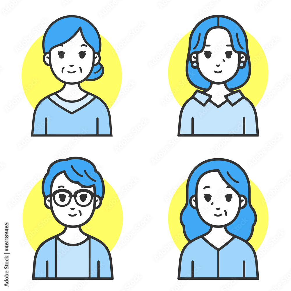 Web口コミ広告に使いやすいシンプルでフラットな線のキャラクターミドルシニア世代の女性バリエーション Web口コミ広告に使いやすいシンプルでフラットな線のキャラクターミドルシニア世代の女性バリエーション